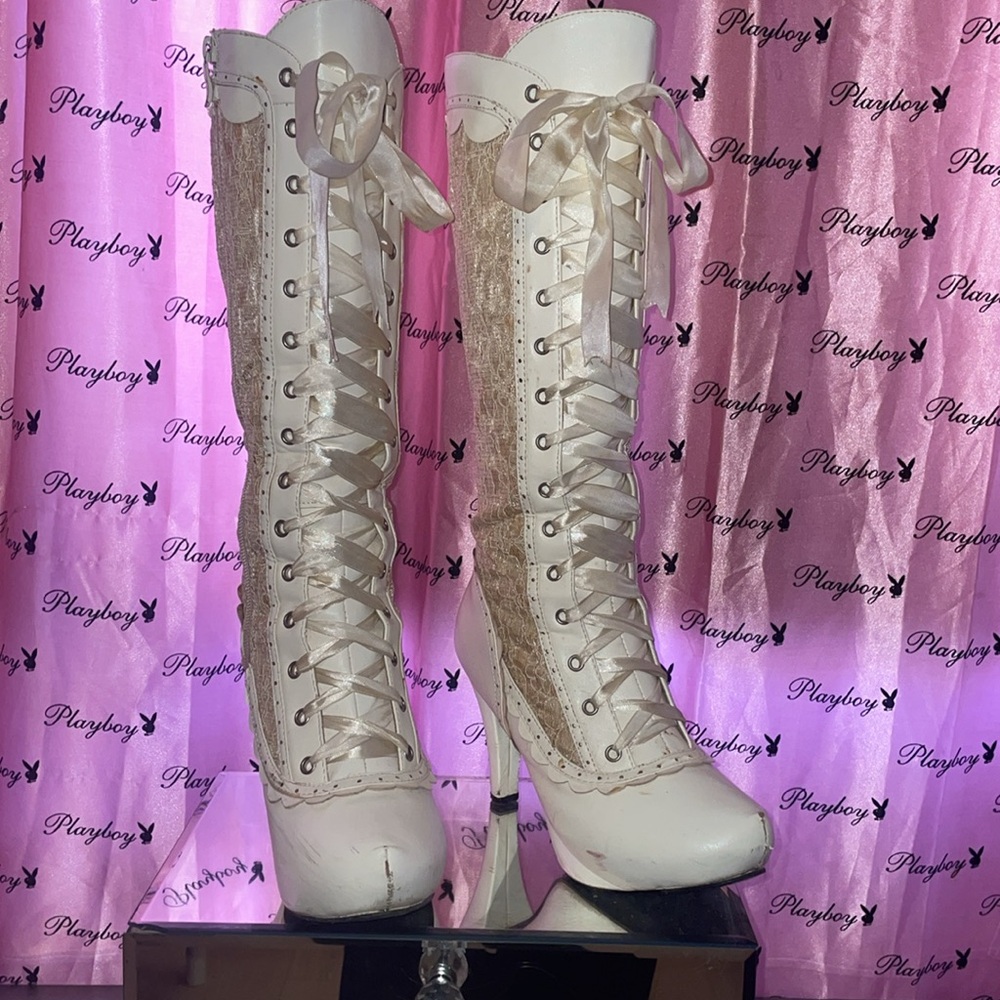 Ellie Shoes Ivory Lace-Up Victorian Heeled Boots - Picture 2 of 11